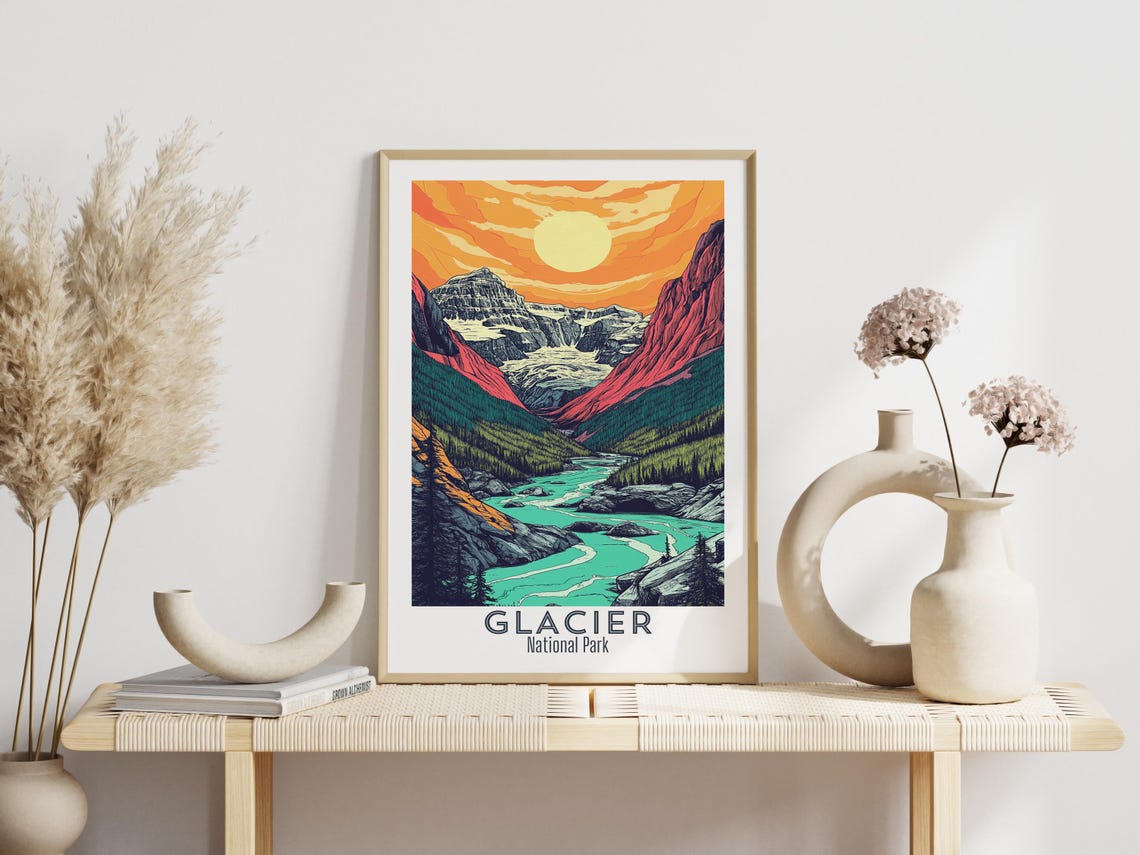Glacier National Park Orange Sunset Glacier Valley Travel Poster - Image 3