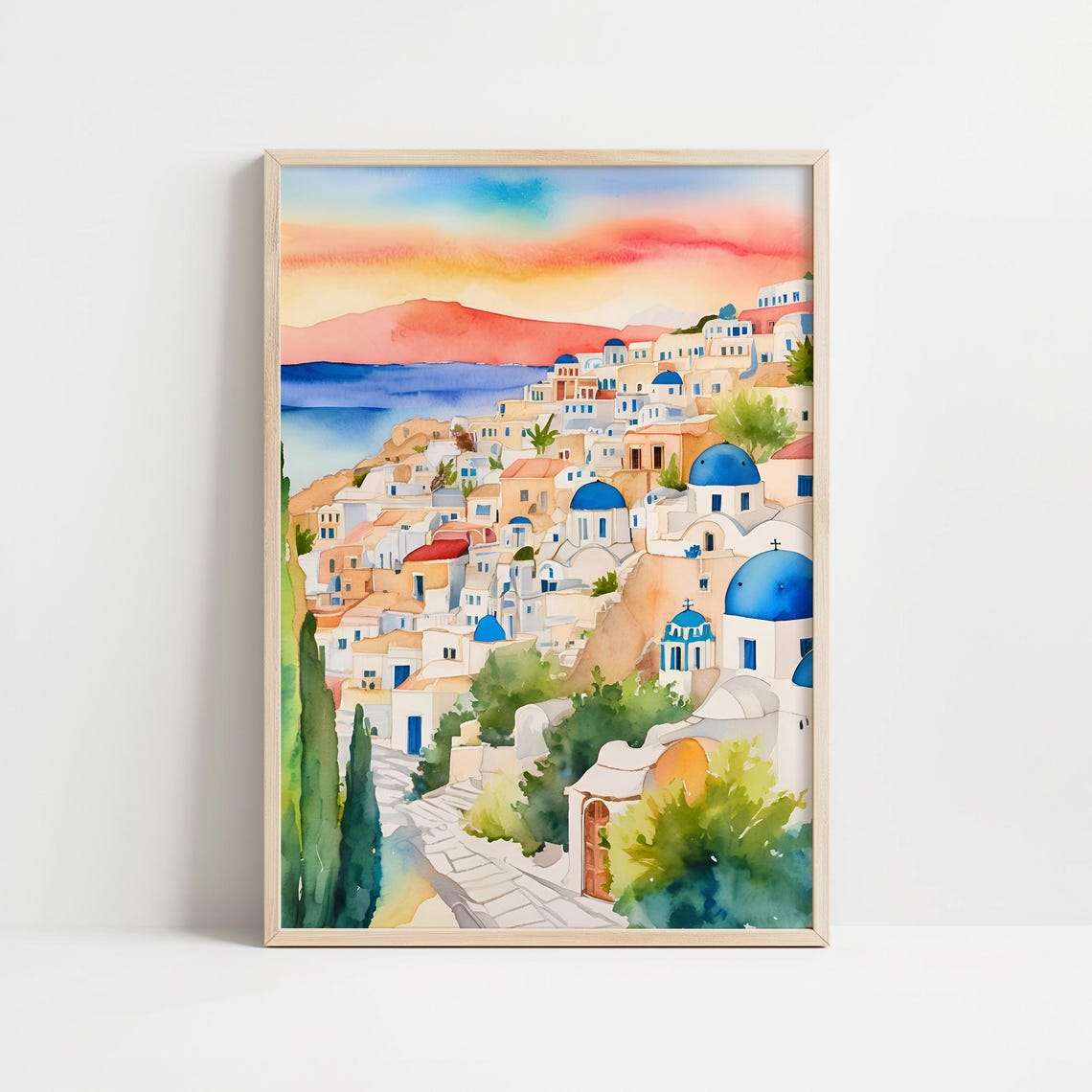 Santorini Blue Domed Churches Sunset Watercolor Greece Art Print
