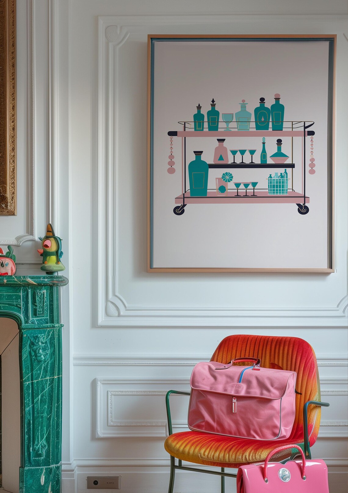 Retro Bar Cart Pink Teal Mid Century Cocktail Illustration Print - Image 2