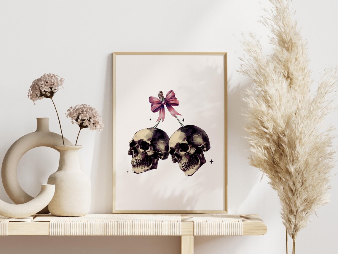 Coquette Skulls Pink Bow Cherry Halloween Vintage Style Art Print - Image 2