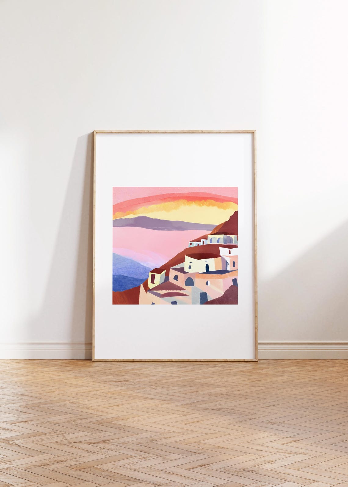 Santorini Cliff Village Pink Sunset Minimalist Square Art Print - Image 2