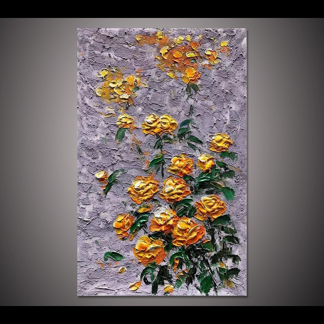 Yellow Roses On Lavender Gray Textured Impasto Oil Painting Poster