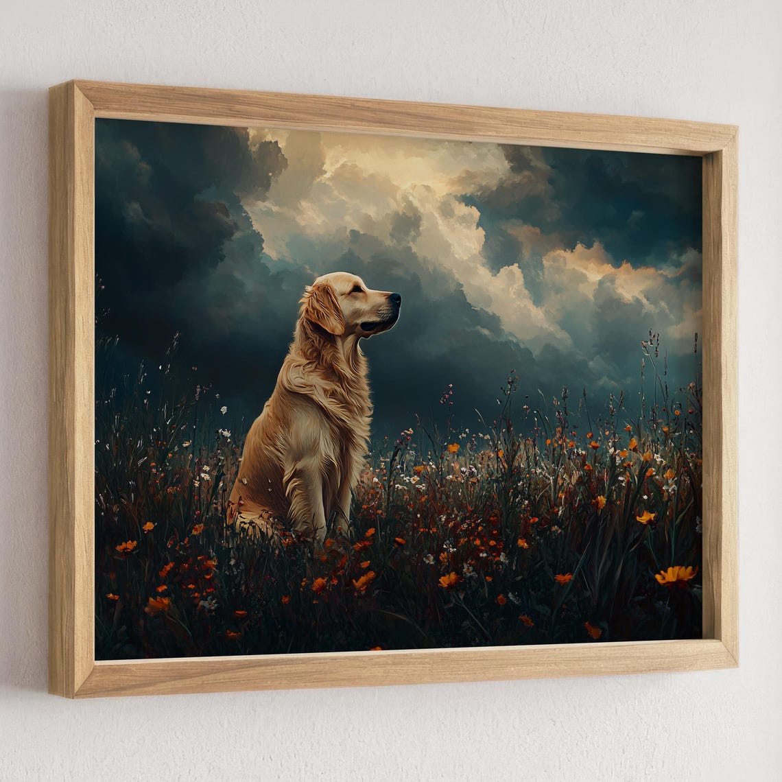 Golden Retriever in a Dark Wildflower Field Under Stormy Dusk Poster - Image 2