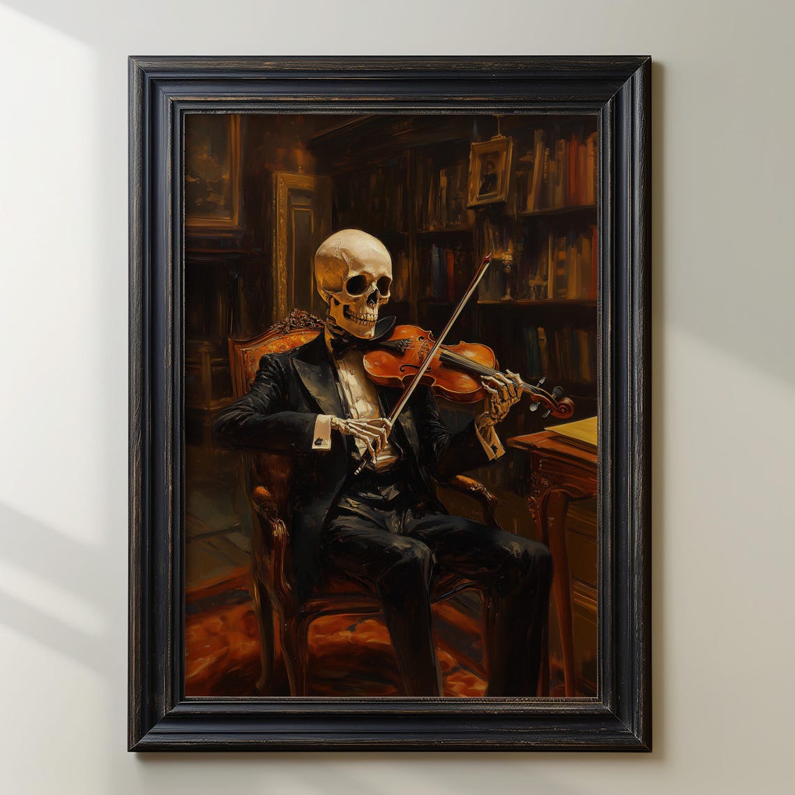 Seated Skeleton Violinist in a Vintage Library Gothic Dark Poster