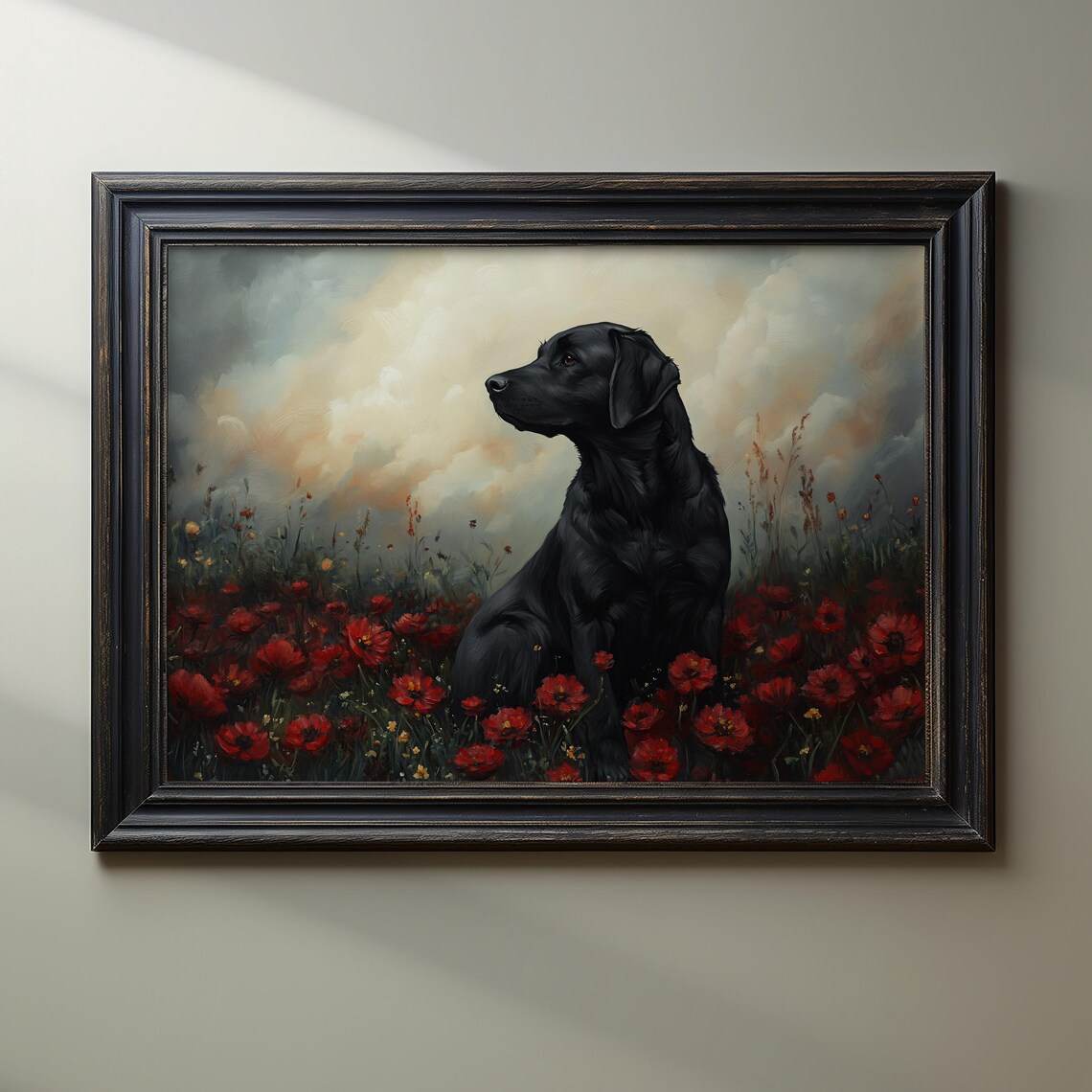 Black Labrador Among Red Poppies Moody Dog Portrait Art Poster - Image 2