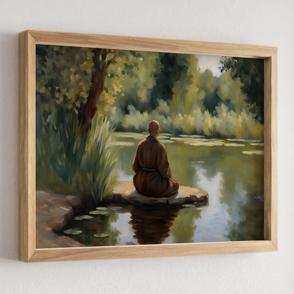 Meditating Monk by a Lily Pond in a Quiet Green Woodland Poster