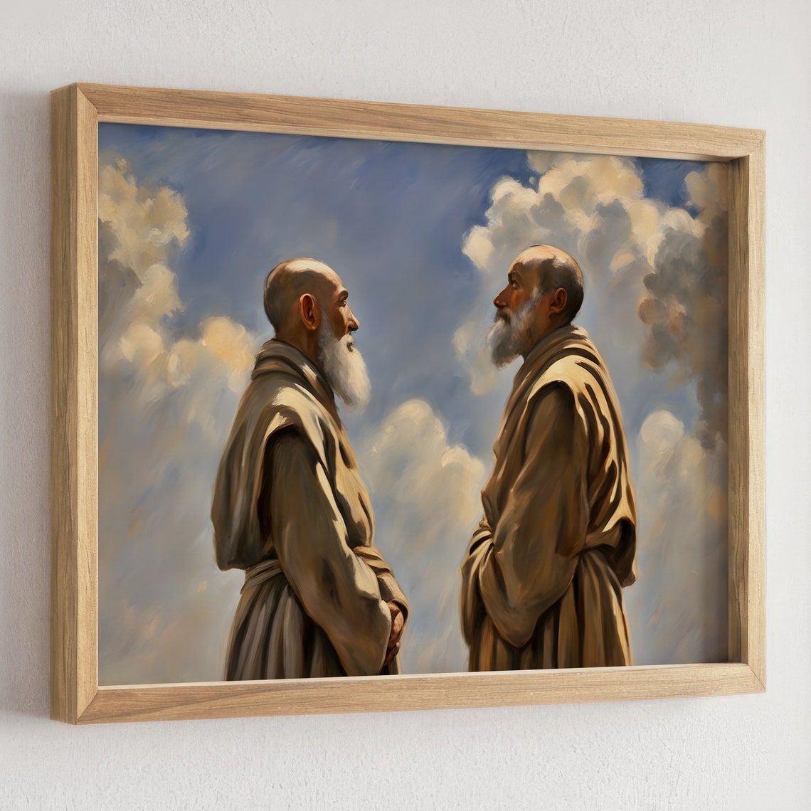 Two Elderly Monks Facing Each Other Beneath the Clouds Poster