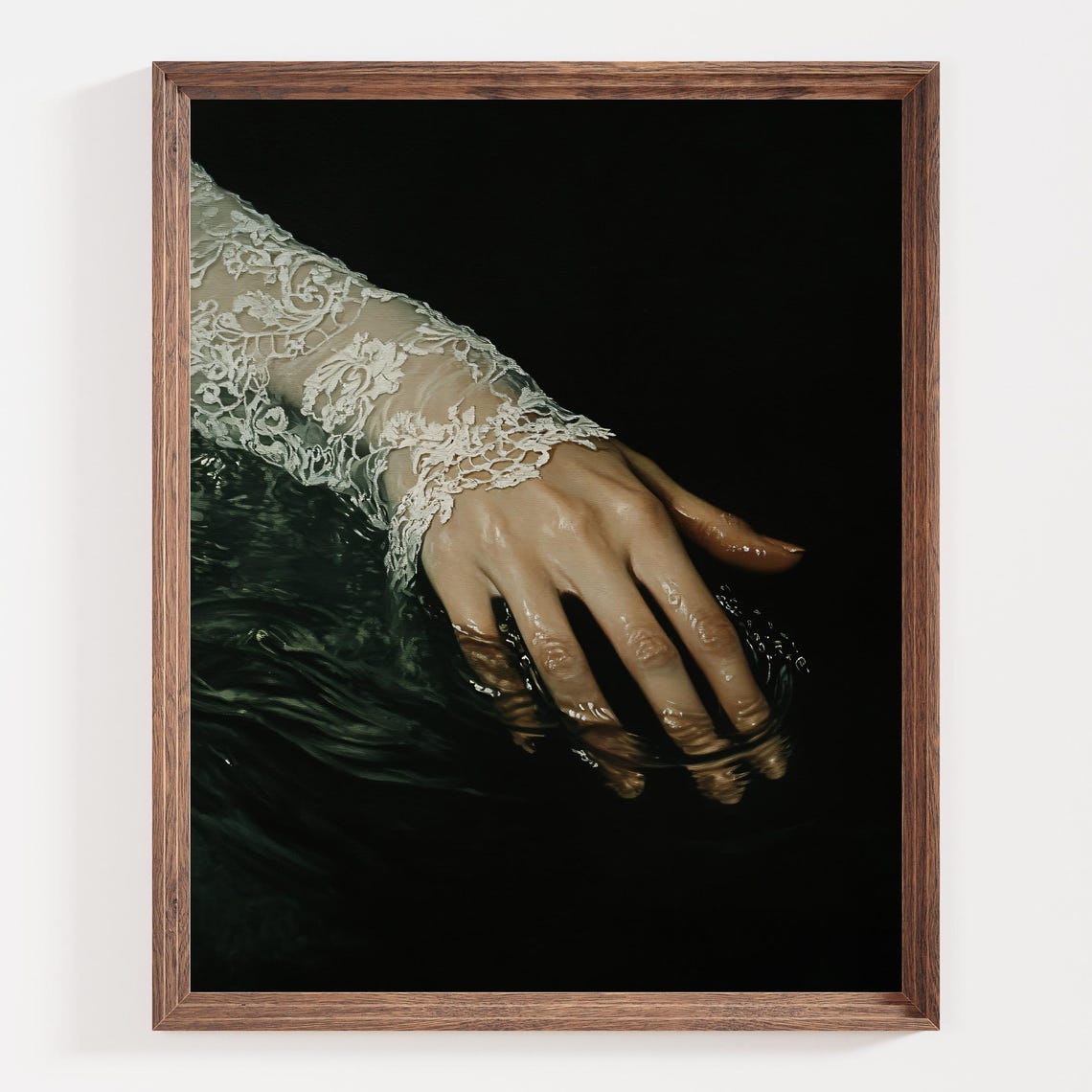 Elegant Hand in a Lace Sleeve Touching Dark Water Art Poster