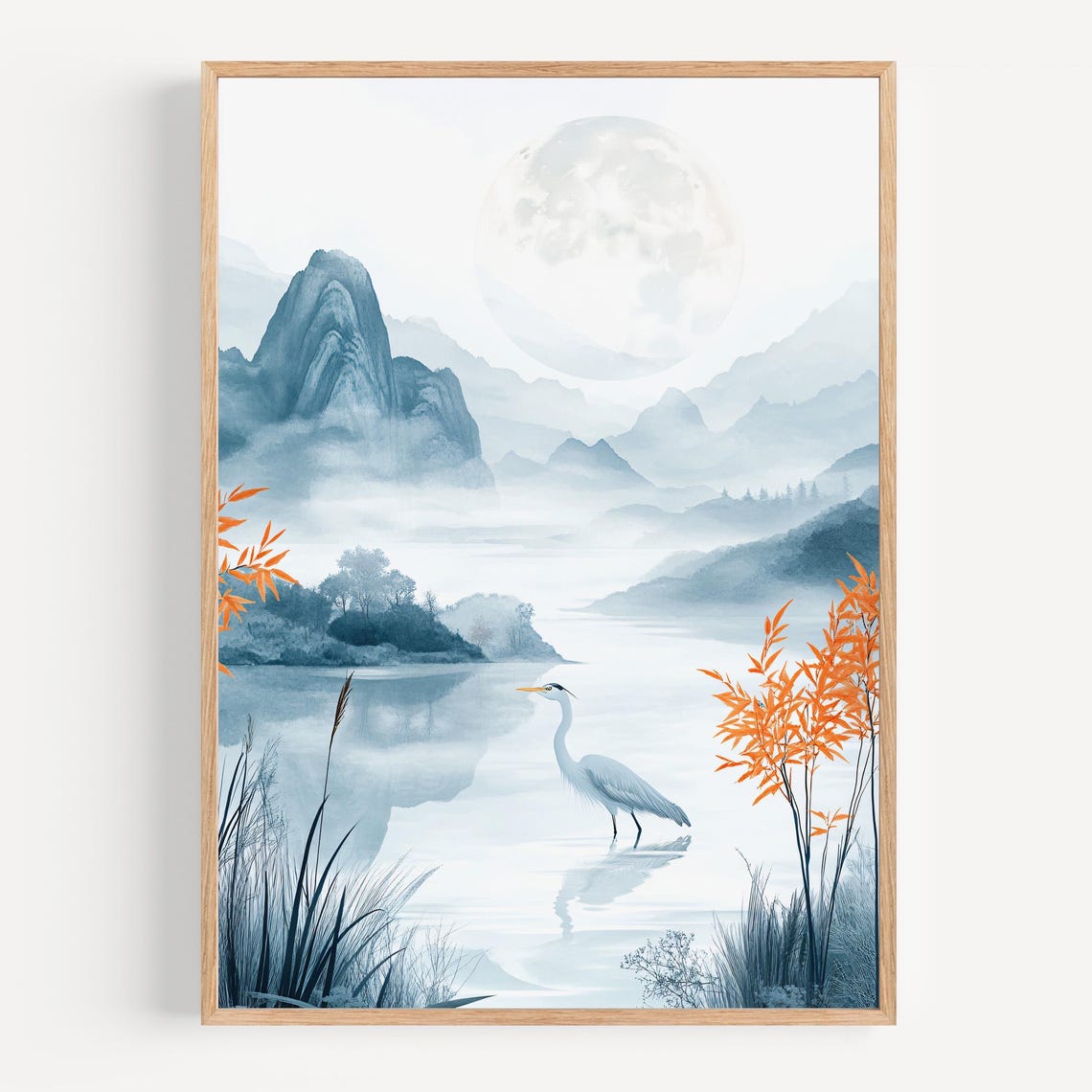 White Heron Standing by a Moonlit Lake with Orange Bamboo Poster - Image 3