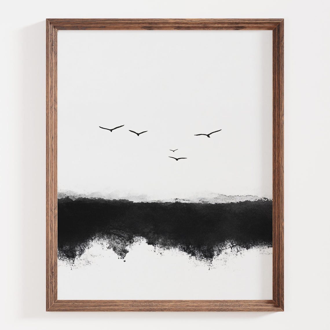 Minimalist Black Birds Flying Over a Dark Ink Shoreline Print - Image 4
