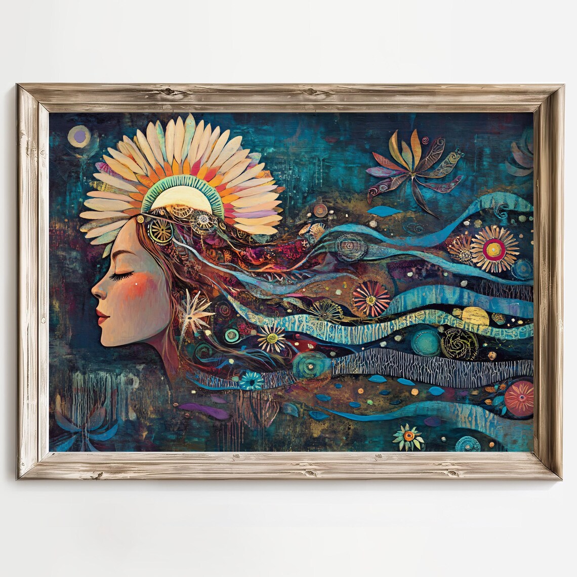 Dreamy Boho Woman with Floral Sun Crown Surreal Night Art Poster