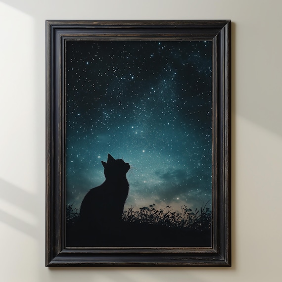 Black Cat Silhouette Under a Starry Night Sky Celestial Poster