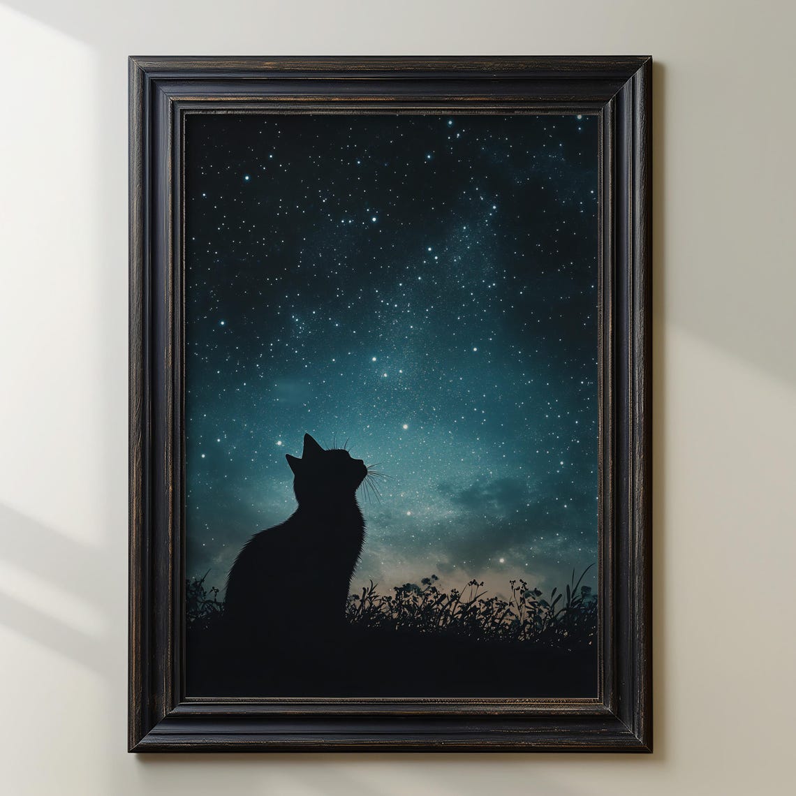 Black Cat Silhouette Under a Starry Night Sky Celestial Poster