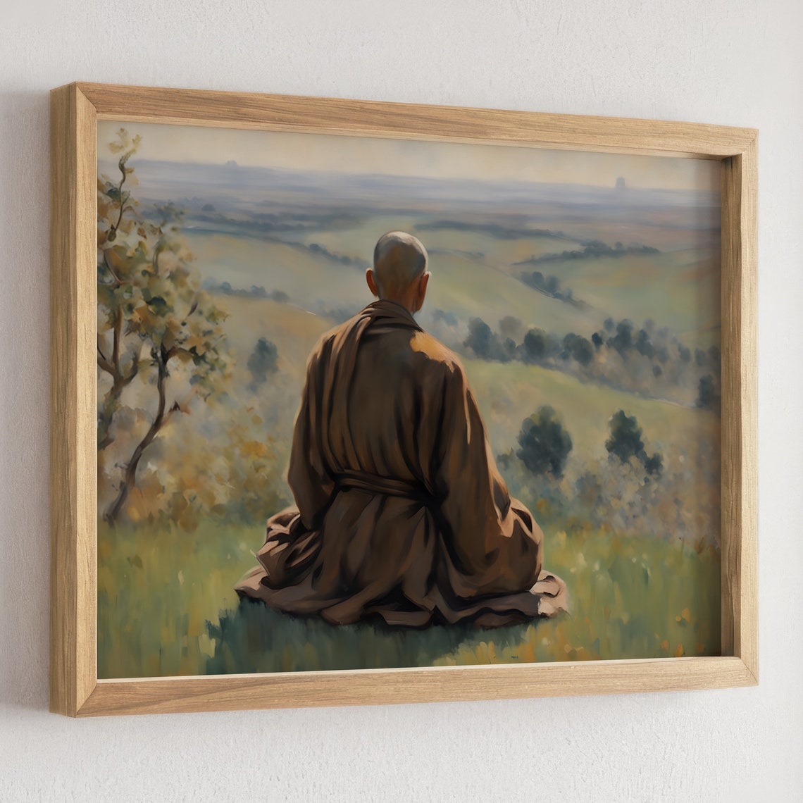 Meditating Monk Overlooking a Vast Green Valley from a Hill Poster - Image 4