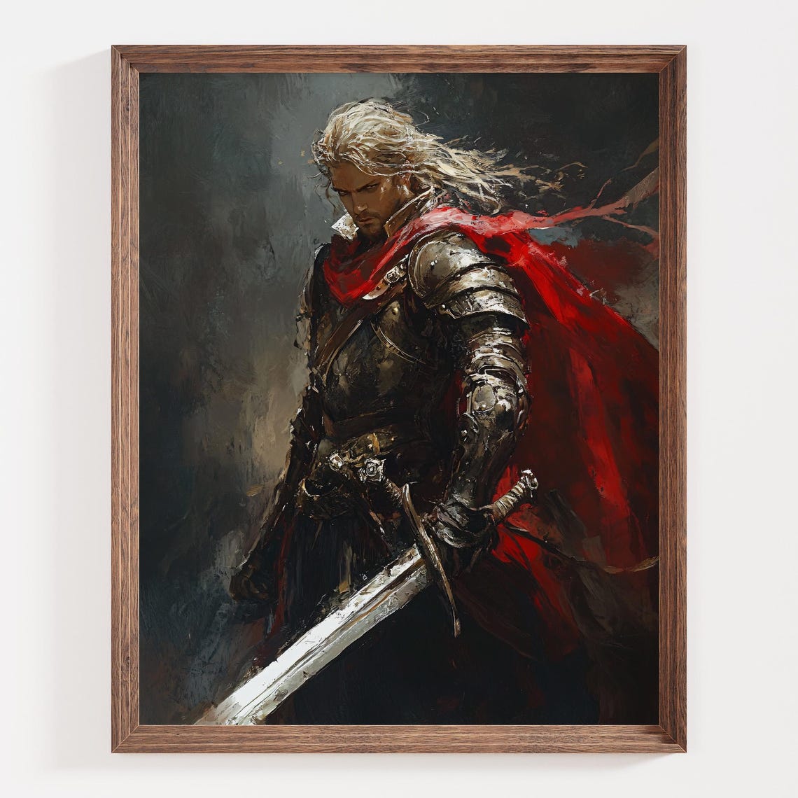 White Haired Knight In Armor Red Cloak Epic Fantasy Warrior Poster - Image 4