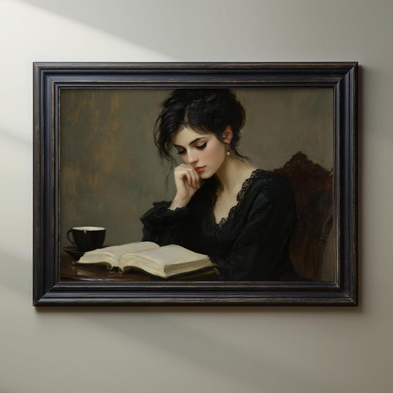 Elegant Woman Painting Victorian Style Wall Art Classic Portrait Art Woman Reading Book Literary Art Print Coffee Cup Art Cozy Decor
