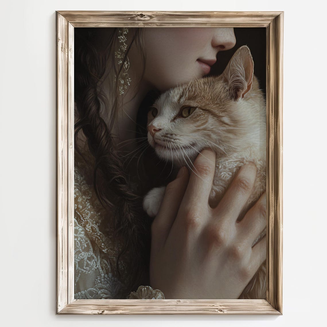 Romantic Woman Nuzzling a Tabby Cat Close-Up Portrait Art Poster - Image 2
