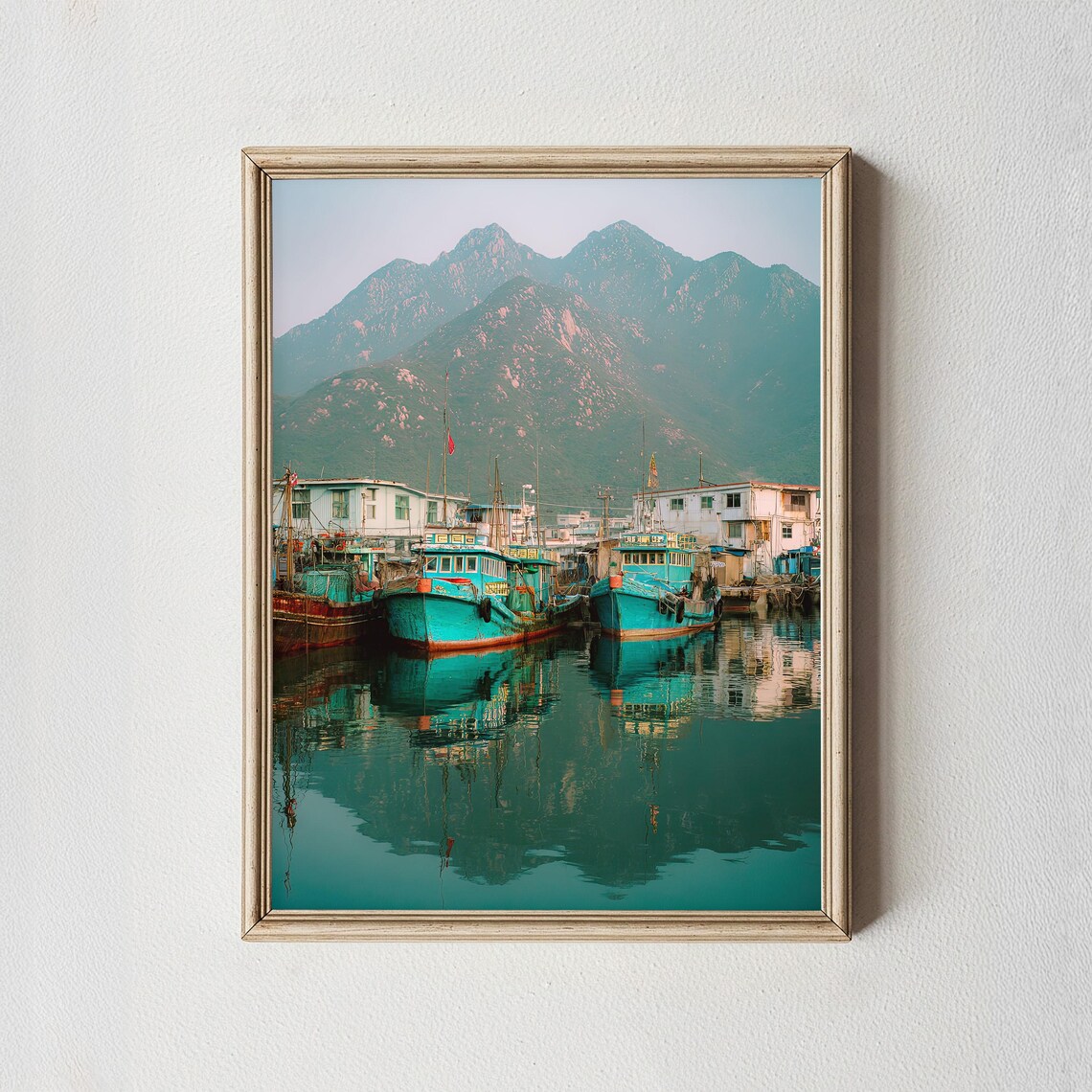 Colorful Turquoise Fishing Boats Harbor Mountain Reflection Wall Art