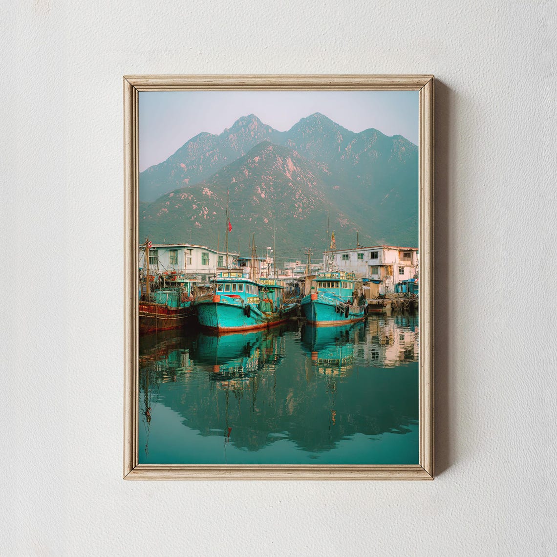 Fishing Boats Harbor Print Coastal Wall Art Mountain Ocean Photography