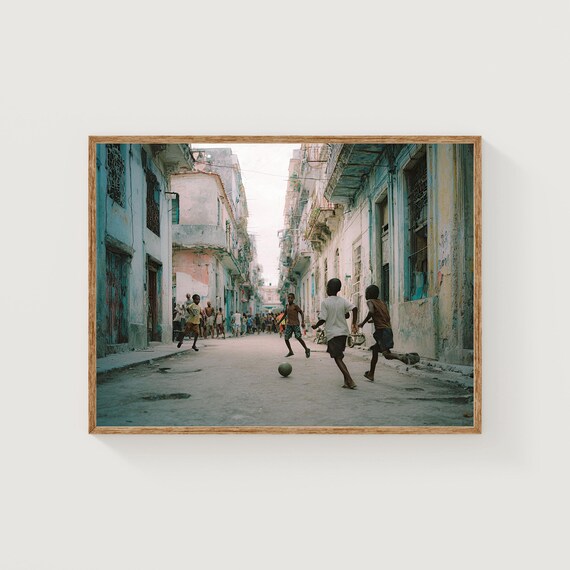 Havana Street Kids Playing Soccer Between Colorful Colonial Buildings Poster