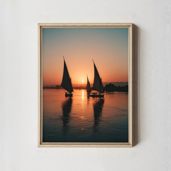 Sunset Sailboats Silhouette Calm Ocean Golden Hour Nautical Poster
