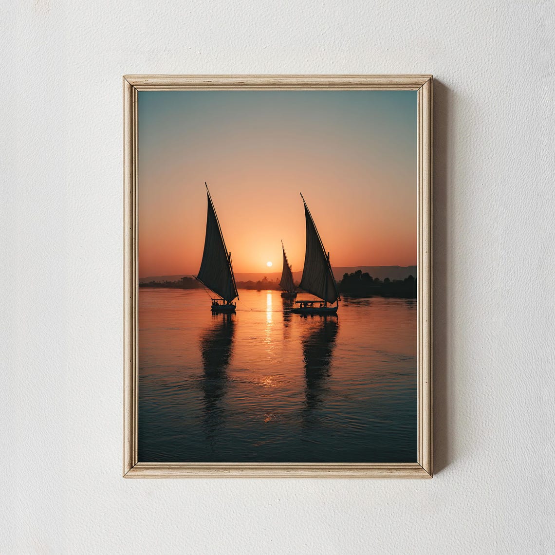 Sunset Sailboats Silhouette Calm Ocean Golden Hour Nautical Poster