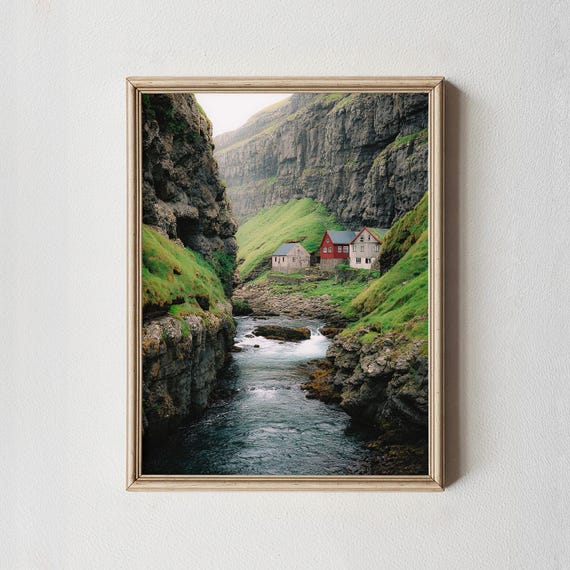 Nordic Village Canyon Art Print River Landscape Rustic Nature Poster
