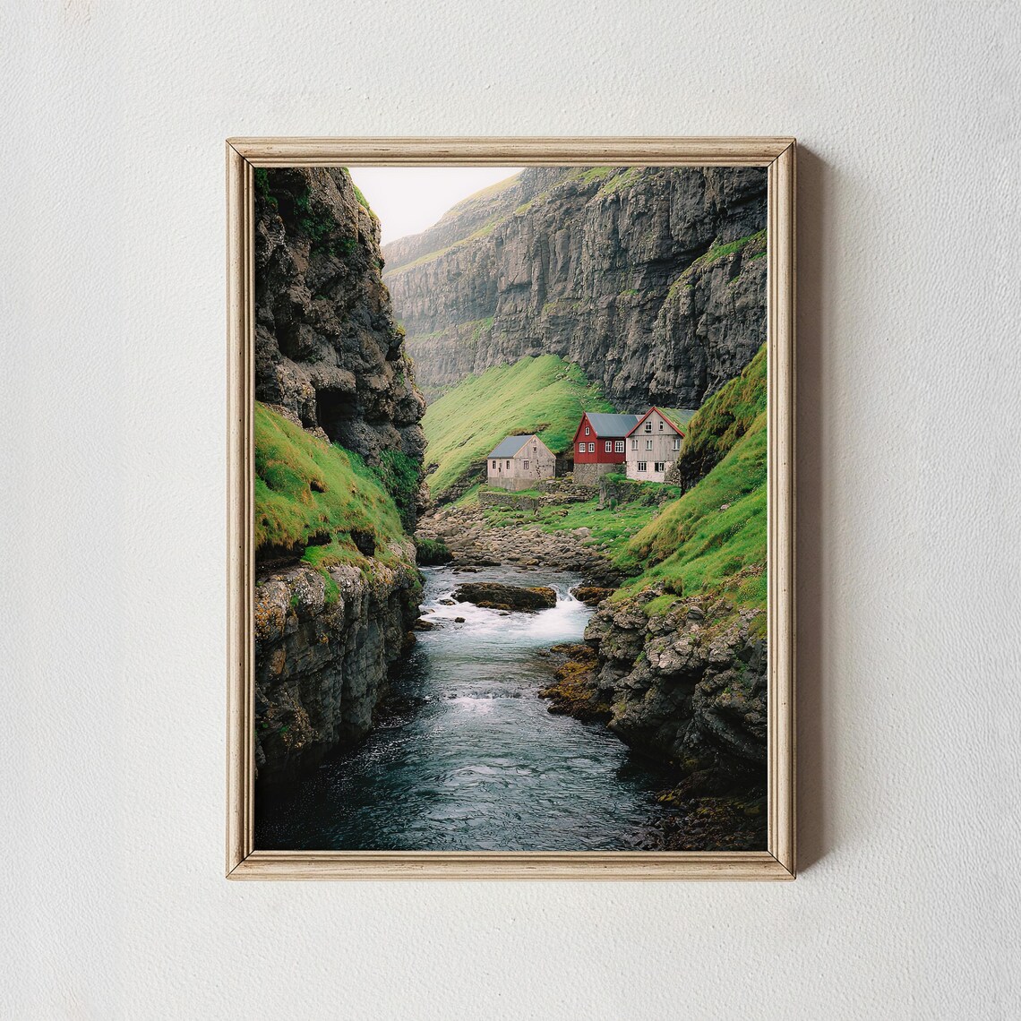 Gjogv Gorge Red Houses River Faroe Islands Scenic Photo Poster