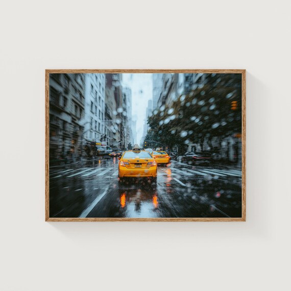 Rainy Manhattan Street With Yellow Taxis And Glowing Lights Photography Print
