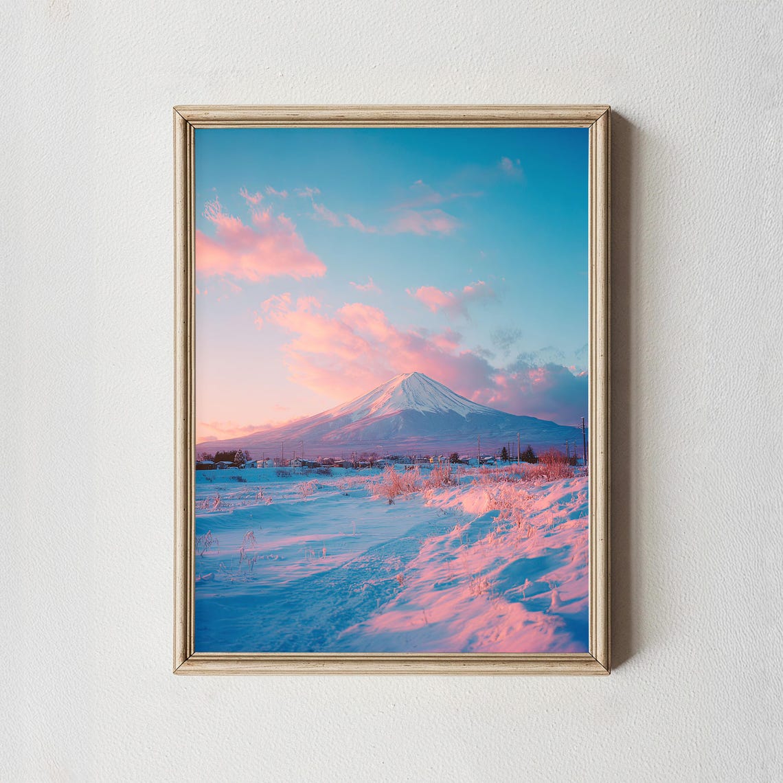 Mount Fuji Pastel Winter Sunrise Snowy Field Photography Poster