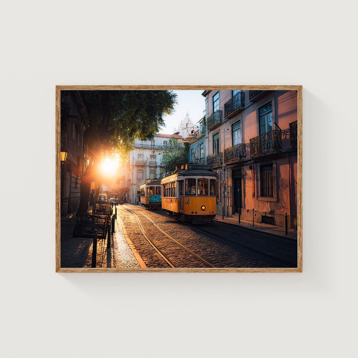Lisbon Portugal Yellow Trams Sunset Cobblestone Street Photo Poster
