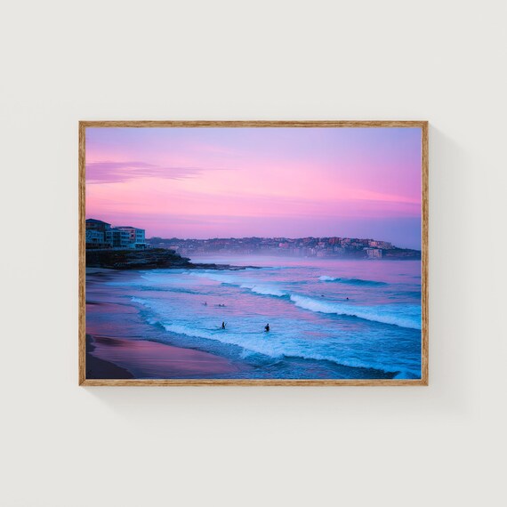 Bondi Beach Coastal Town Sunrise Surfers Pink Sky Sydney Wall Art
