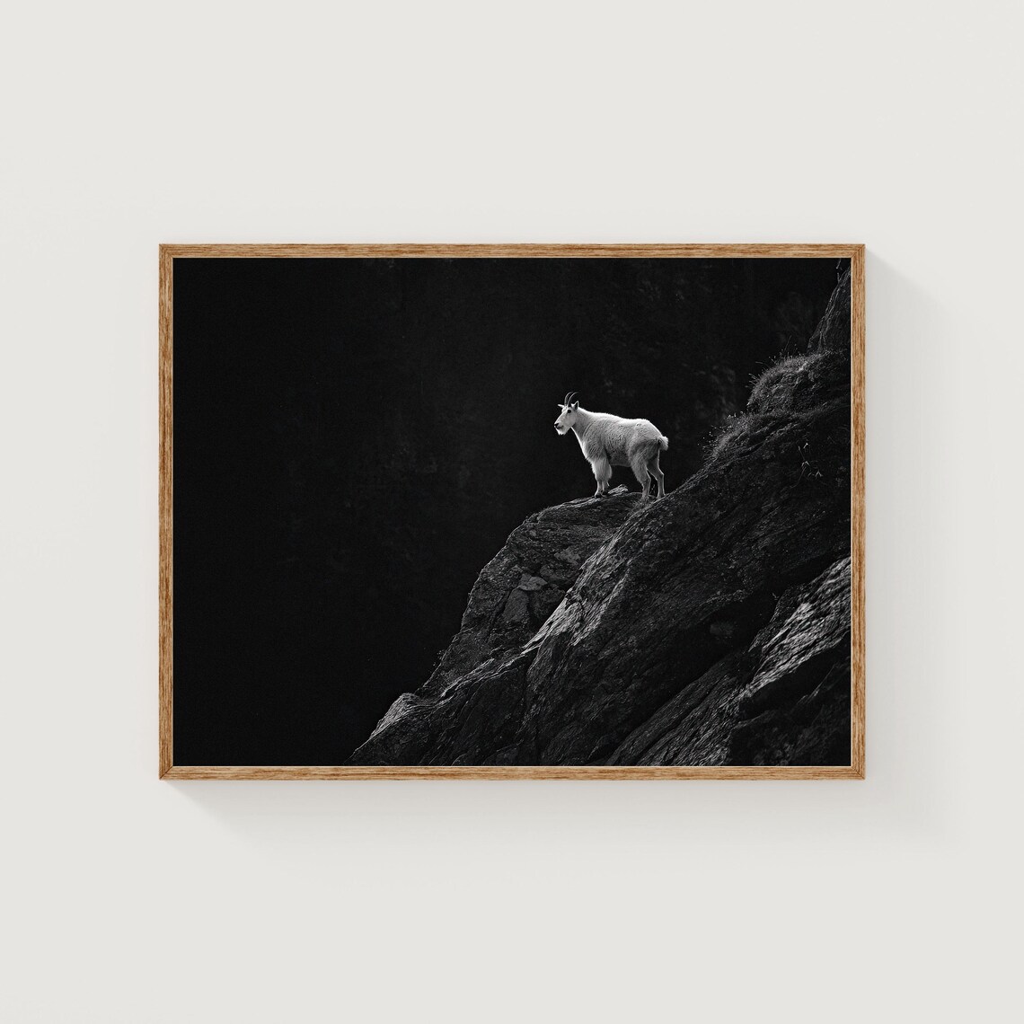 Mountain Goat on Rocky Cliff Minimalist Black and White Photo Poster