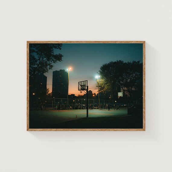 Night Basketball Court Under Floodlights Urban Dusk Sports Poster