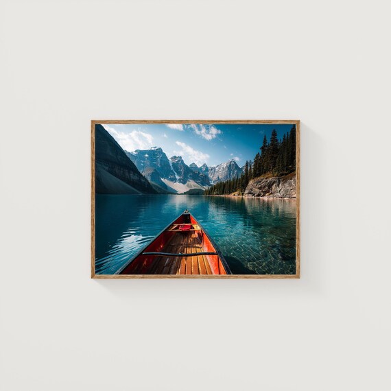 Moraine Lake Red Canoe Turquoise Water Banff Canada Photo Poster