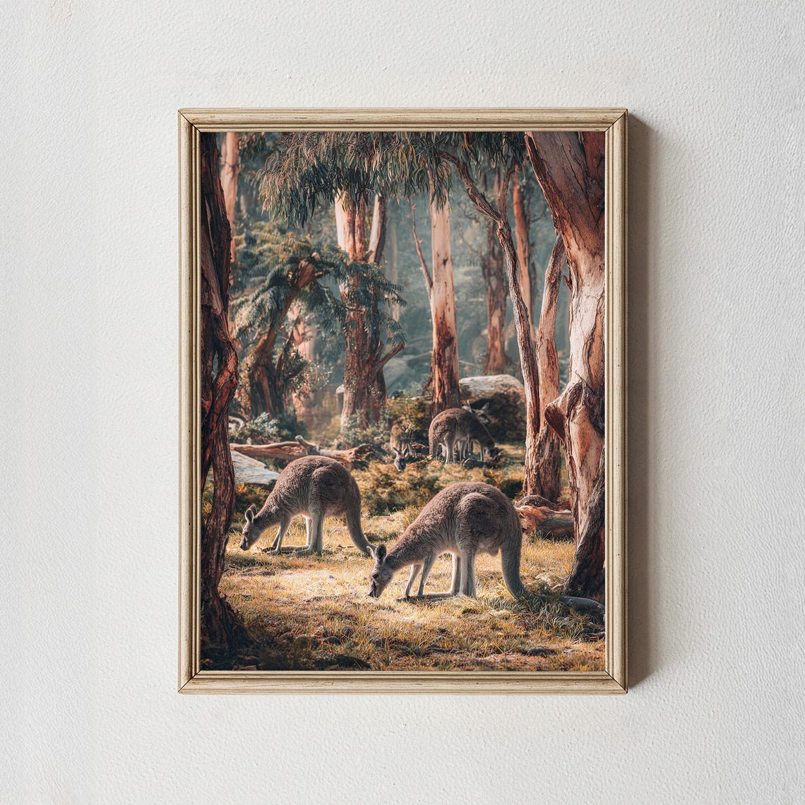 Kangaroos Grazing in Eucalyptus Forest Australian Nature Art Poster