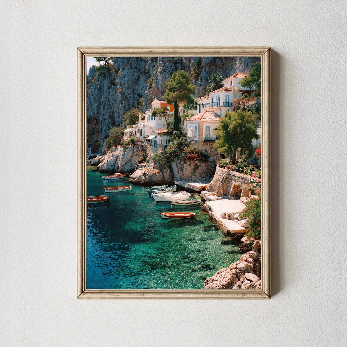 Mediterranean Cliffside Cove Boats Turquoise Sea Poster for Stylish Home Decor