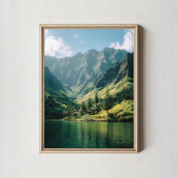 Hawaii Lush Green Mountain Valley Tropical Landscape Photography Poster