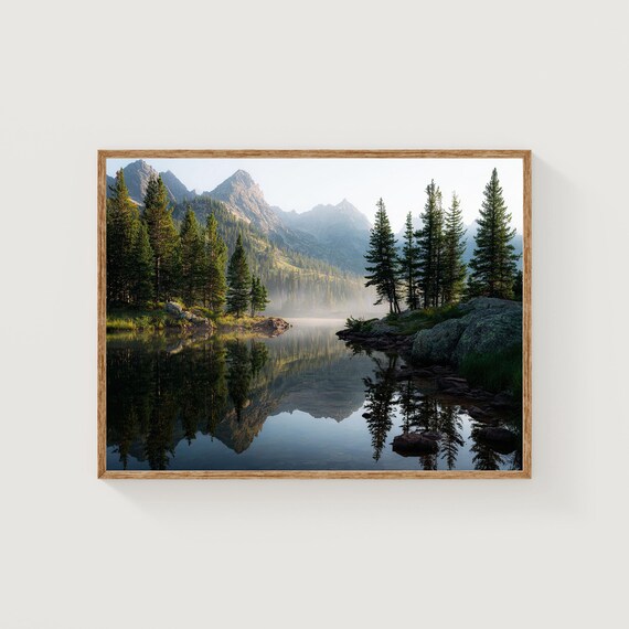Mountain Lake Mist Pine Forest Reflections Dawn Landscape Poster Art