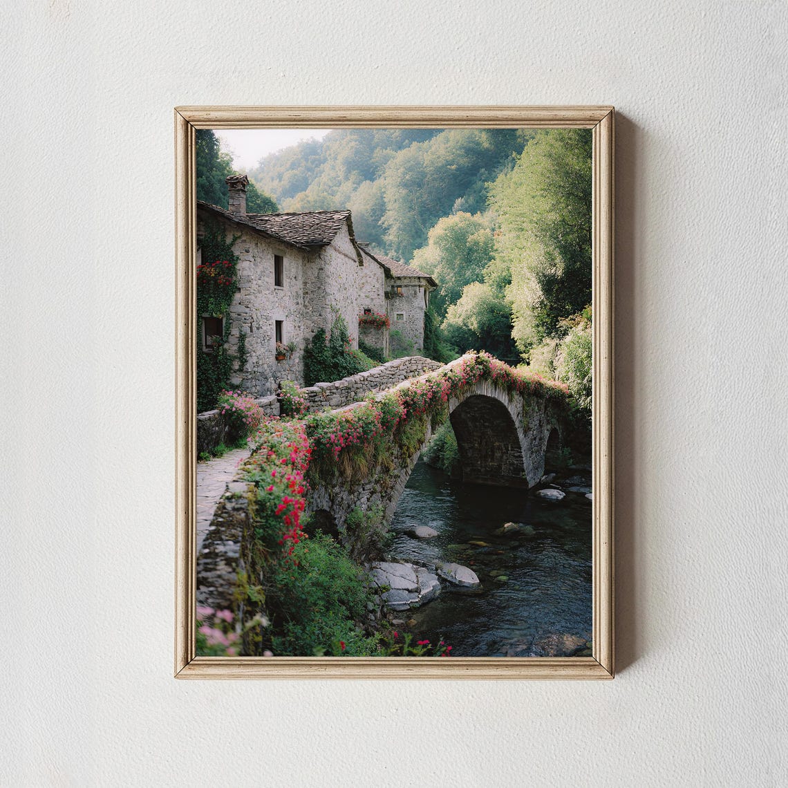 Romantic Flower Covered Stone Bridge European River Village Wall Art