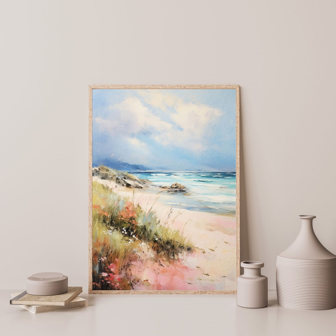 Beach Cove Wildflowers Sandy Shore Turquoise Waves Painting Poster - Image 3