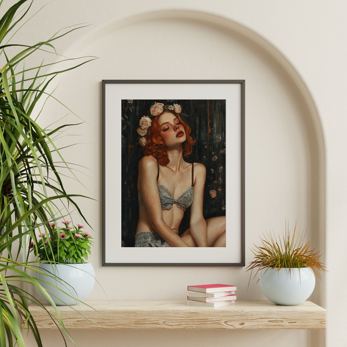 Red Hair Woman Roses Lace Dark Moody Portrait Painting Poster - Image 2