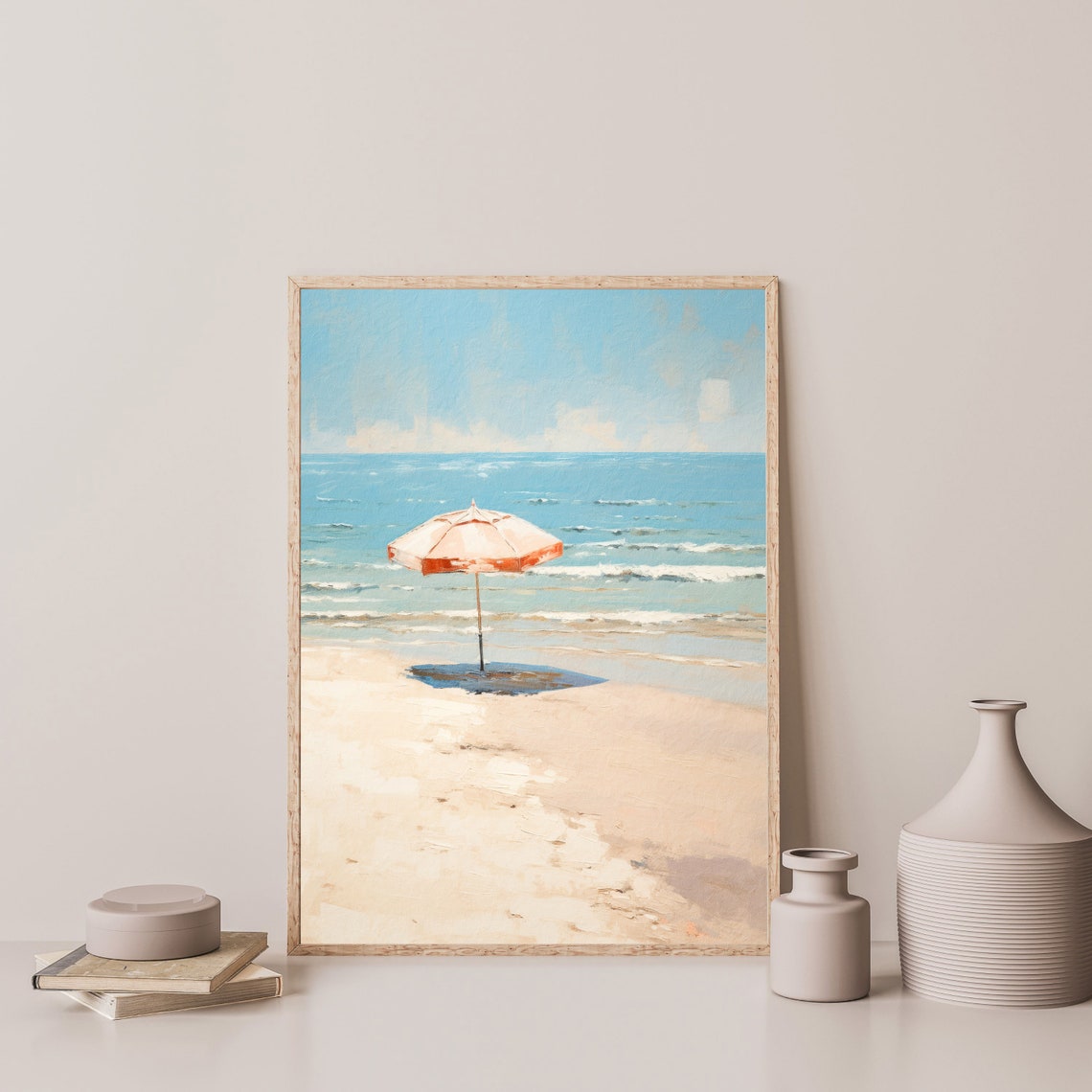 Beach Umbrella Empty Shore Blue Ocean Calm Summer Day Minimalist Print - Image 3