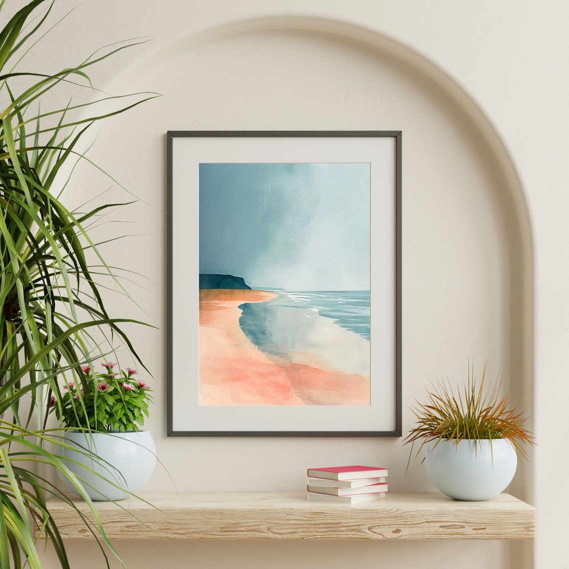Abstract Peach Beach Teal Waves Misty Shoreline Coastal Poster - Image 2