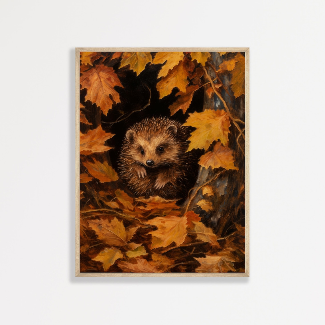 Cute Hedgehog Among Autumn Leaves Vintage Fall Nature Painting Poster