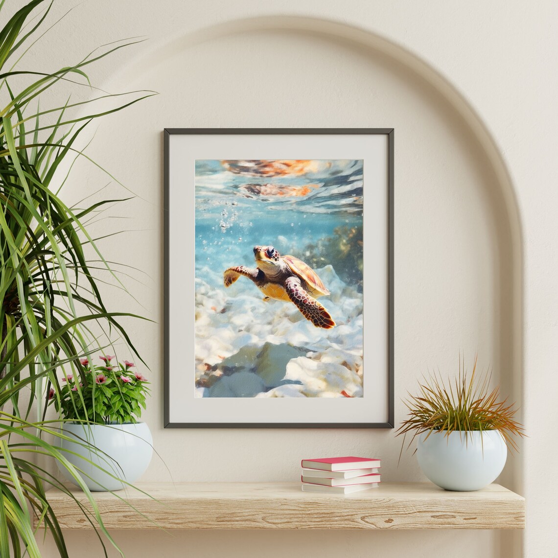 Retro Turtle Painting, Pastel Blue Coastal Art Print - Image 2