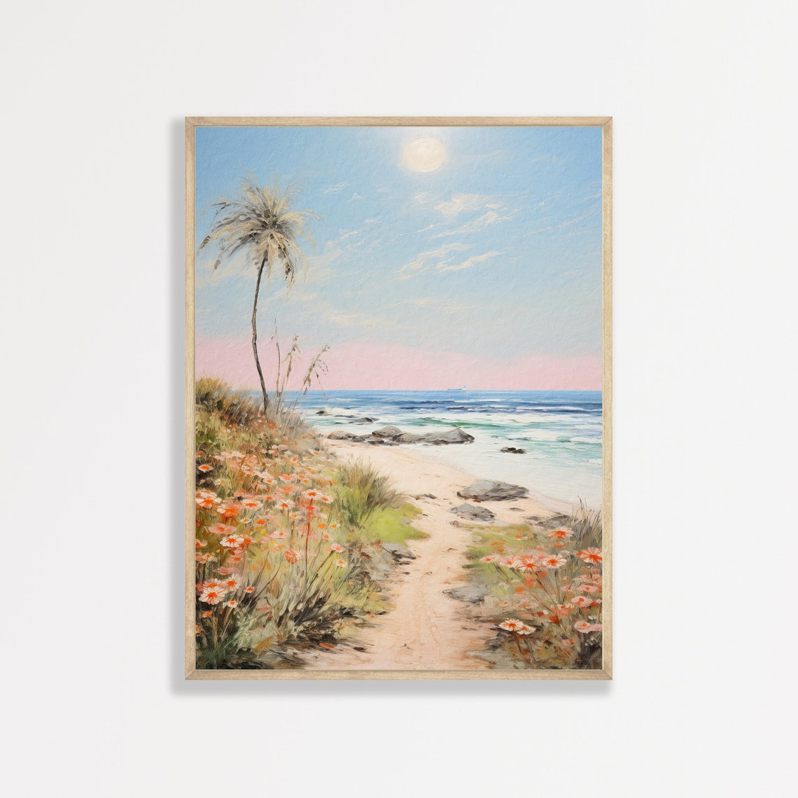 Tropical Beach Path with Palm Tree and Wildflowers at Sunset Poster