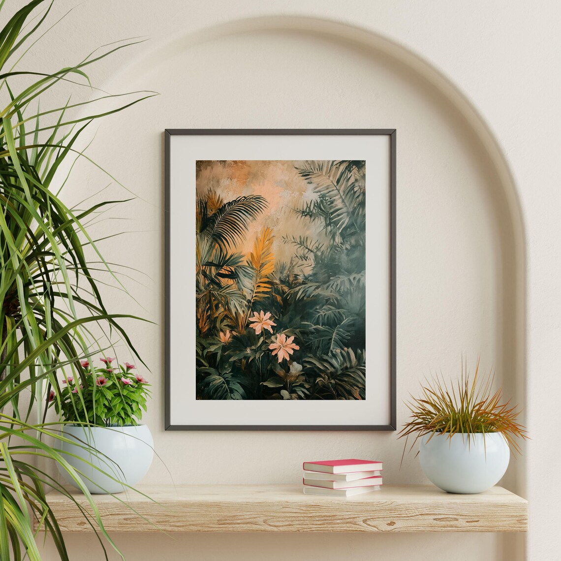 Moody Tropical Jungle Plants Pink Flowers Vintage Botanical Poster - Image 2