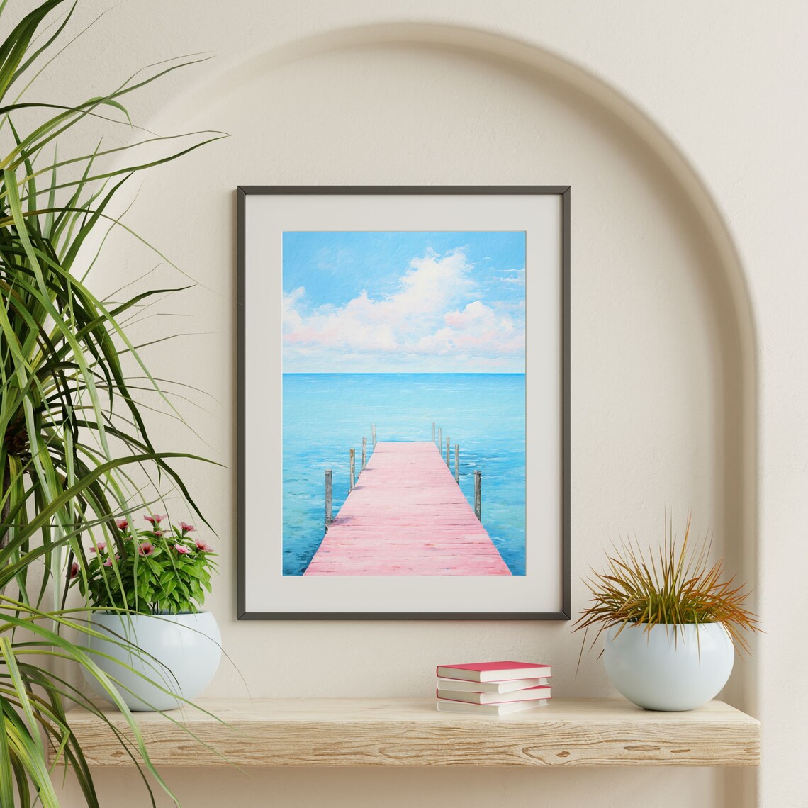 Pink Wooden Dock Turquoise Sea Bright Blue Sky Pastel Painting Poster - Image 2