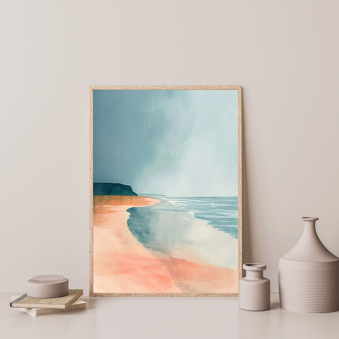 Abstract Peach Beach Teal Waves Misty Shoreline Coastal Poster - Image 3